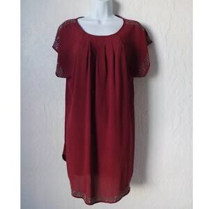 Poetry Pink Shift Pleated Tunic Dress Women size Small Studs Accent Short Sleeve